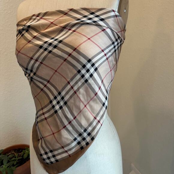 Women’s One Size Scarf Satin Silky Beige Nova Check - Picture 2 of 3